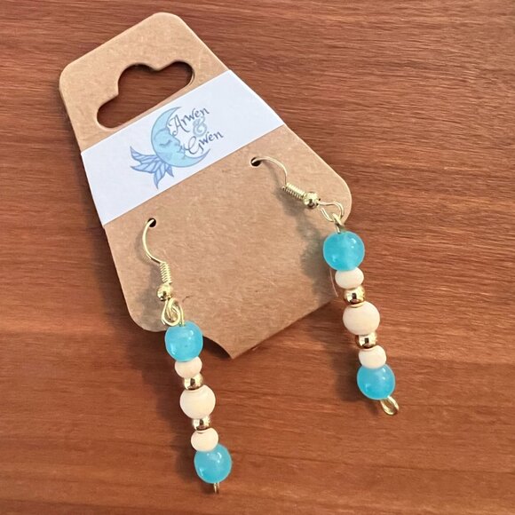 Arwen and Gwen Dangly Drop Earrings, Aqua Glass and Wood Beads - Picture 2 of 2